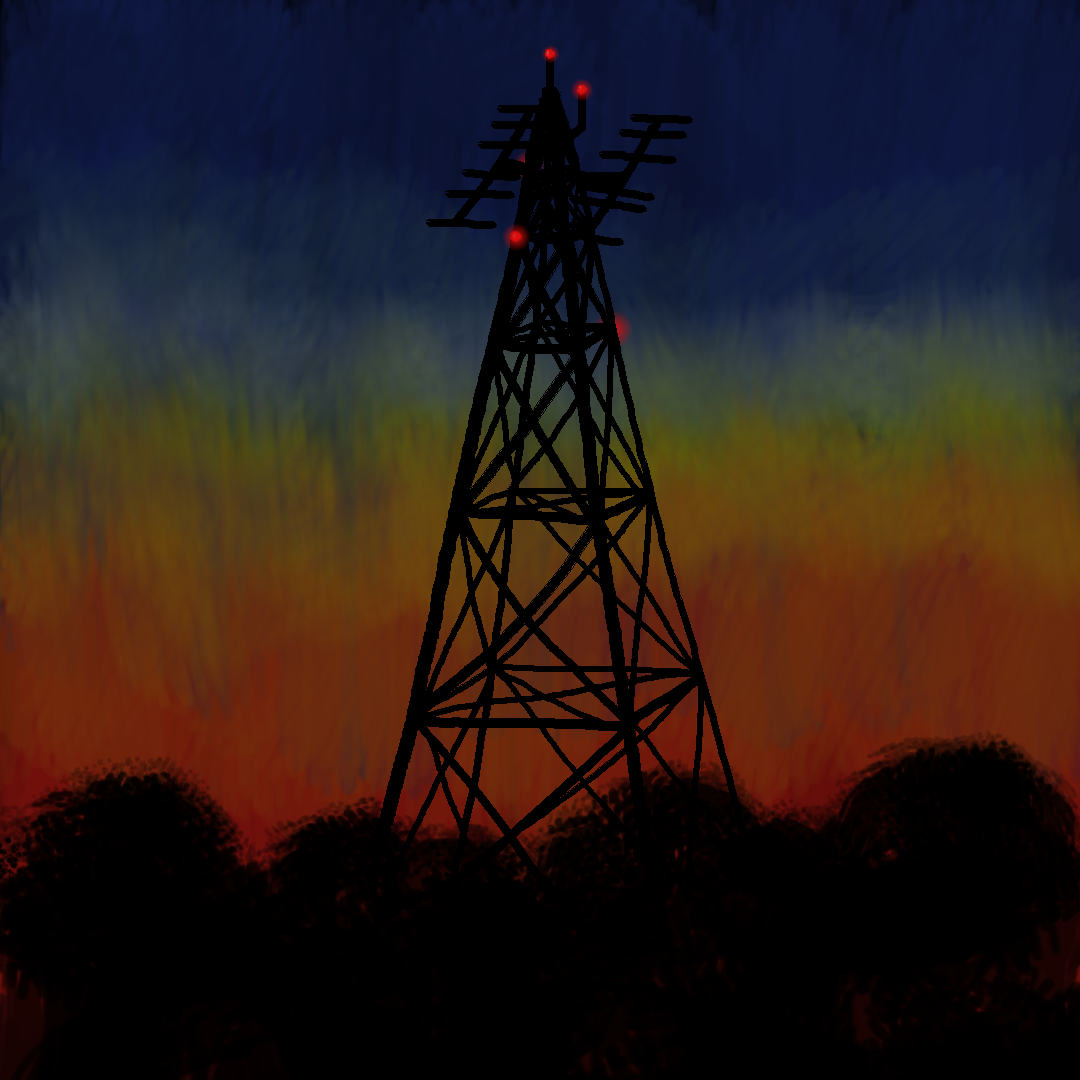 a painting of a large cell tower silhouetted against the sky at dusk. the tower is tall and triangular, with many criss-crossing beams. near the top are multiple antennae arrays, which are blinking with red lights. below the tower are silhouettes of the treeline. in the background the sky is rendered as a very textured blending of deep crimson at the bottom shifting in value to a dark indigo near the top.